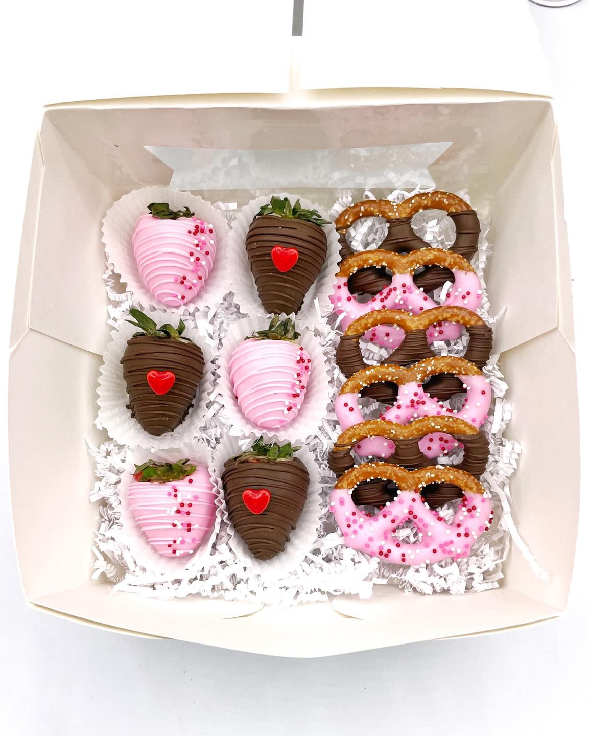 Box of strawberries and pretzels 